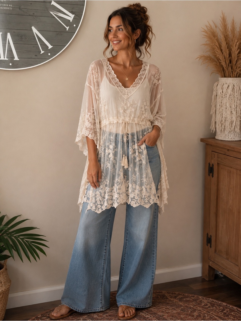 017 NWOT Sheer Lace Kimono Cover-Up in Ivory